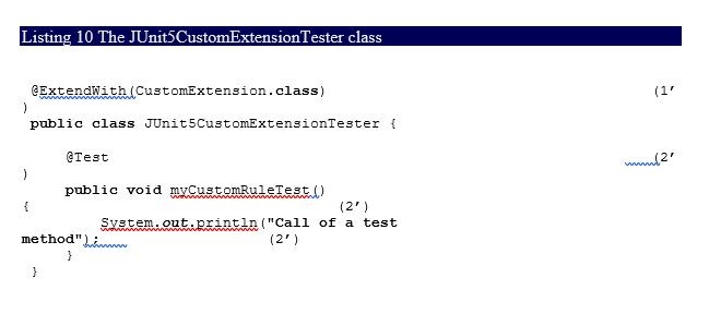 Listing 10. The JUnit5CustomExtensionTester class