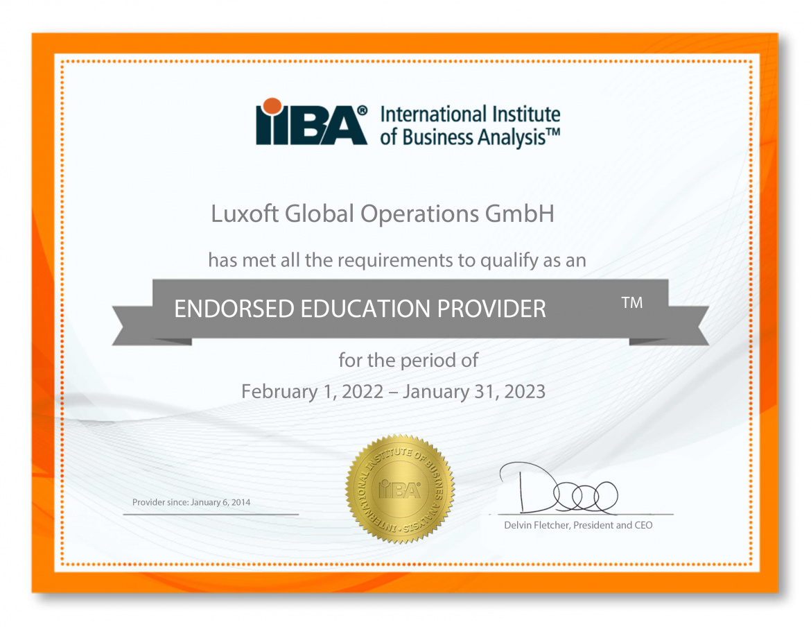 Luxoft Global Operations GmbH - EEP Certificate 2022-2023, авторизованный провайдер, BABOK